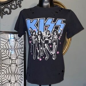 Kiss Black Tee with Blue and Pink Graphic